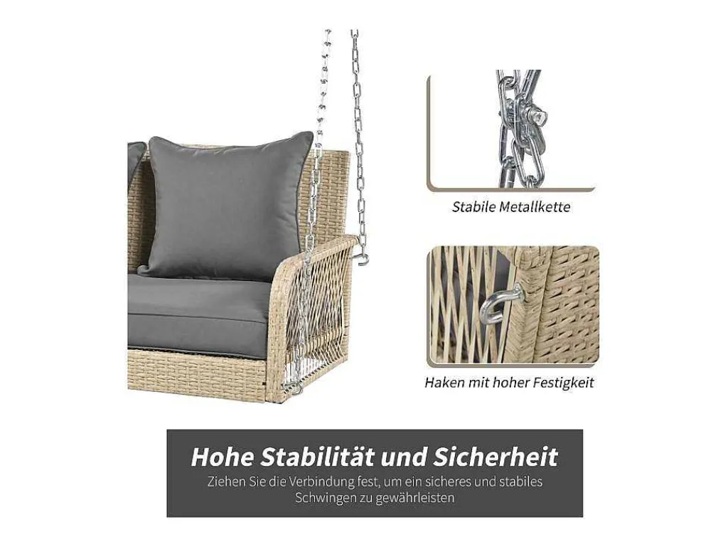 114 Cm Hangstoel In Pe Rotan - 2 Plaatsen - 11 Cm Gecapitonneerd Zitkussen - Beige + Grijs-Vente-unique Discount