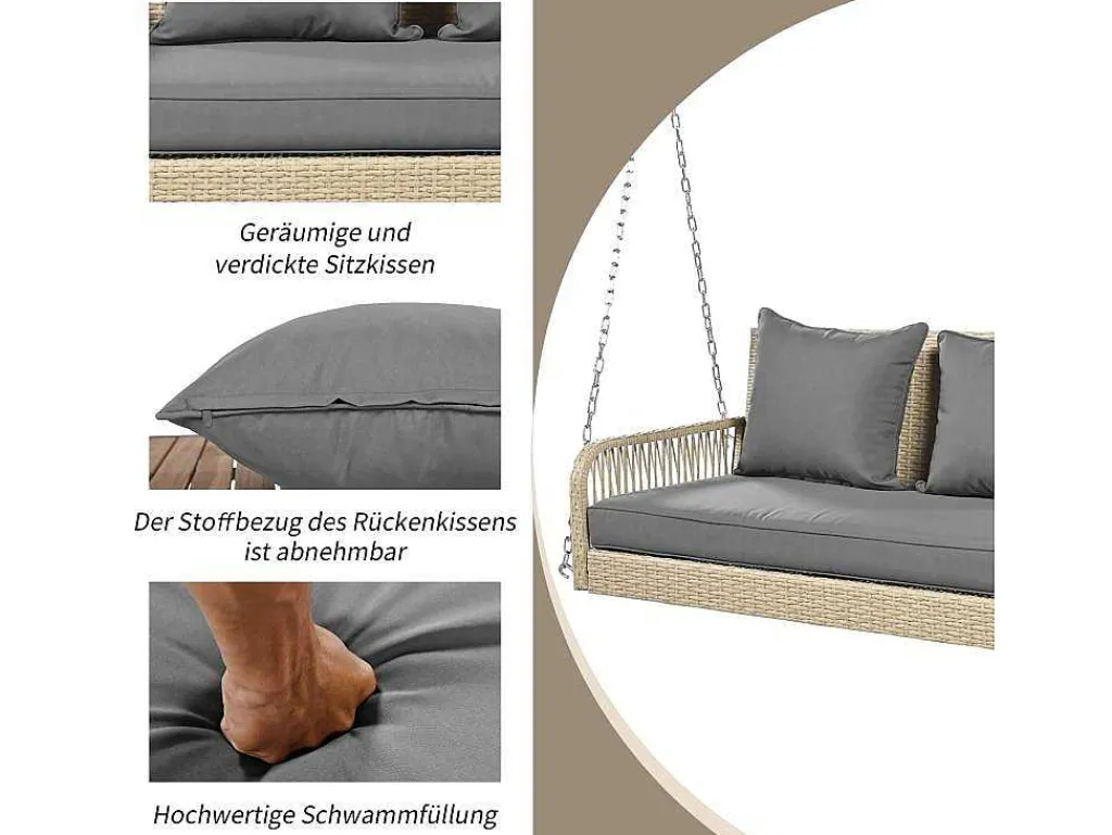 114 Cm Hangstoel In Pe Rotan - 2 Plaatsen - 11 Cm Gecapitonneerd Zitkussen - Beige + Grijs-Vente-unique Discount