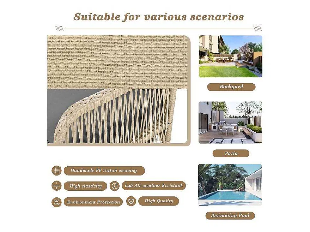 114 Cm Hangstoel In Pe Rotan - 2 Plaatsen - 11 Cm Gecapitonneerd Zitkussen - Beige + Grijs-Vente-unique Discount