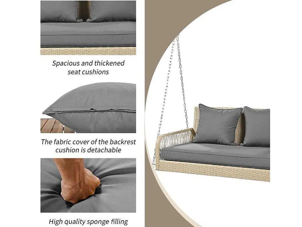 114 Cm Hangstoel In Pe Rotan - 2 Plaatsen - 11 Cm Gecapitonneerd Zitkussen - Beige + Grijs-Vente-unique Discount