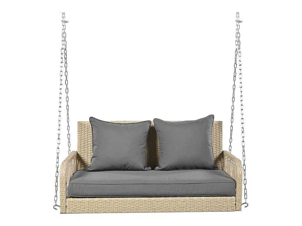 114 Cm Hangstoel In Pe Rotan - 2 Plaatsen - 11 Cm Gecapitonneerd Zitkussen - Beige + Grijs-Vente-unique Discount