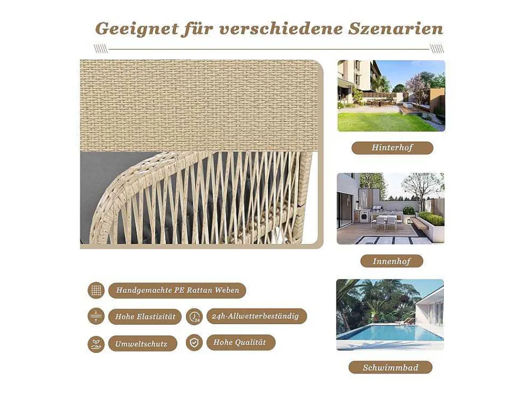 114 Cm Hangstoel In Pe Rotan - 2 Plaatsen - 11 Cm Gecapitonneerd Zitkussen - Beige + Grijs-Vente-unique Discount
