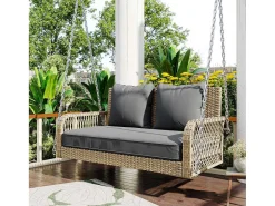 114 Cm Hangstoel In Pe Rotan - 2 Plaatsen - 11 Cm Gecapitonneerd Zitkussen - Beige + Grijs-Vente-unique Discount