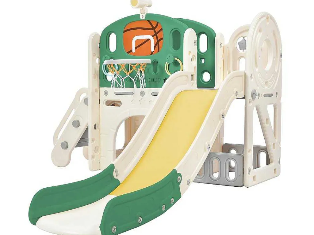 4 In 1 Glijbaan - Met Trap, Opbergruimte, Basketbalring - Groen-ModernLuxe Online