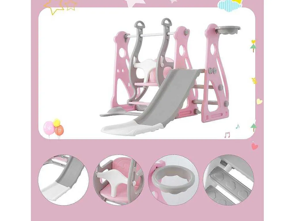 4 In 1 Glijbaan - Met Trap, Schommel, Basketbalring - Roze-ModernLuxe Clearance