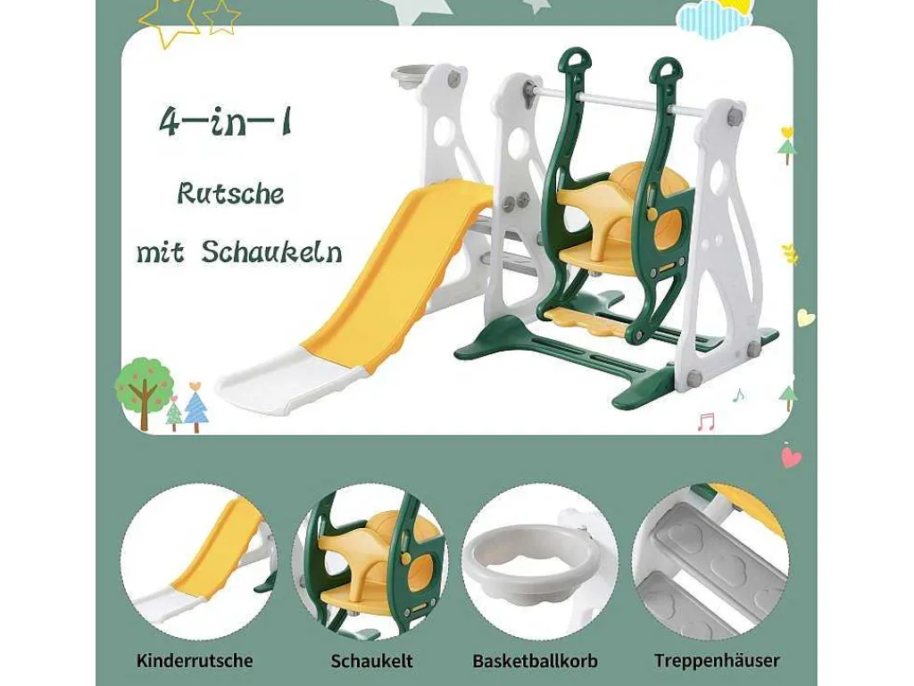 4 In 1 Glijbaan - Met Trap, Schommel, Basketbalring - Groen-ModernLuxe Sale