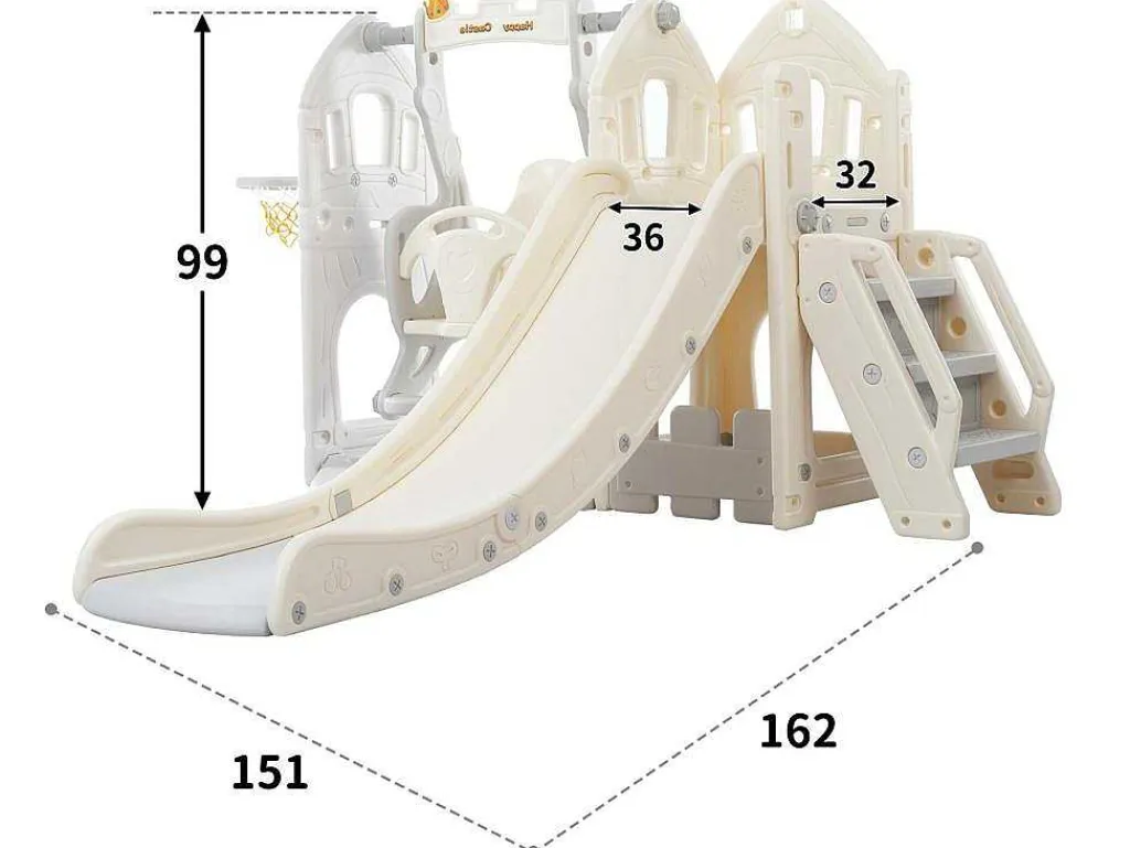 5 In 1 Glijbaan - Met Trap, Schommel, Opbergruimte, Basketbalring - Lichtgrijs-ModernLuxe New