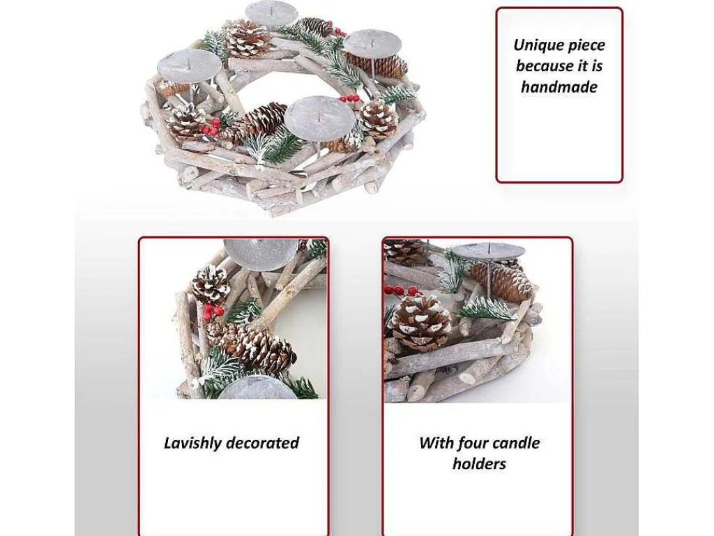 Adventskrans Rond Hout Zonder Kaarsen, Met Kaarsen, Rood-Vente-unique Best