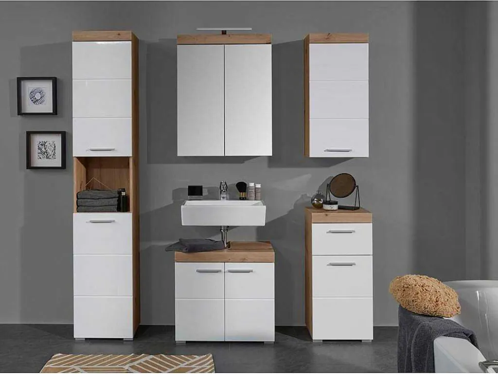 Amandamandobea Badkamerkast 1 Lade, 2 Deuren Eiken Decor, Wit Hoogglans.-Trendteam Hot