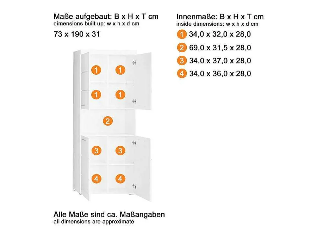 Amandamandobea Kolomkast 1 Open Vak, 4 Deuren Wit, Wit Hoogglans.-Trendteam Online