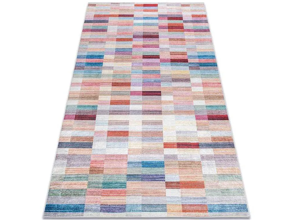 Andre 2295 Tapijt Wasbaar Klaver Strips Antislip - Roze / Blauw 120X170 Cm-RugsX Sale