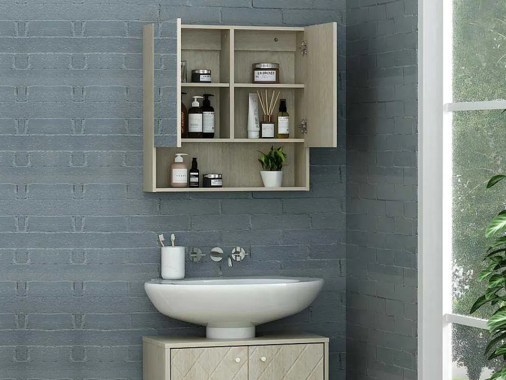 Badkamer Muurkast Met Spiegel En Nis Zumpa - Eik-Vente-unique Sale