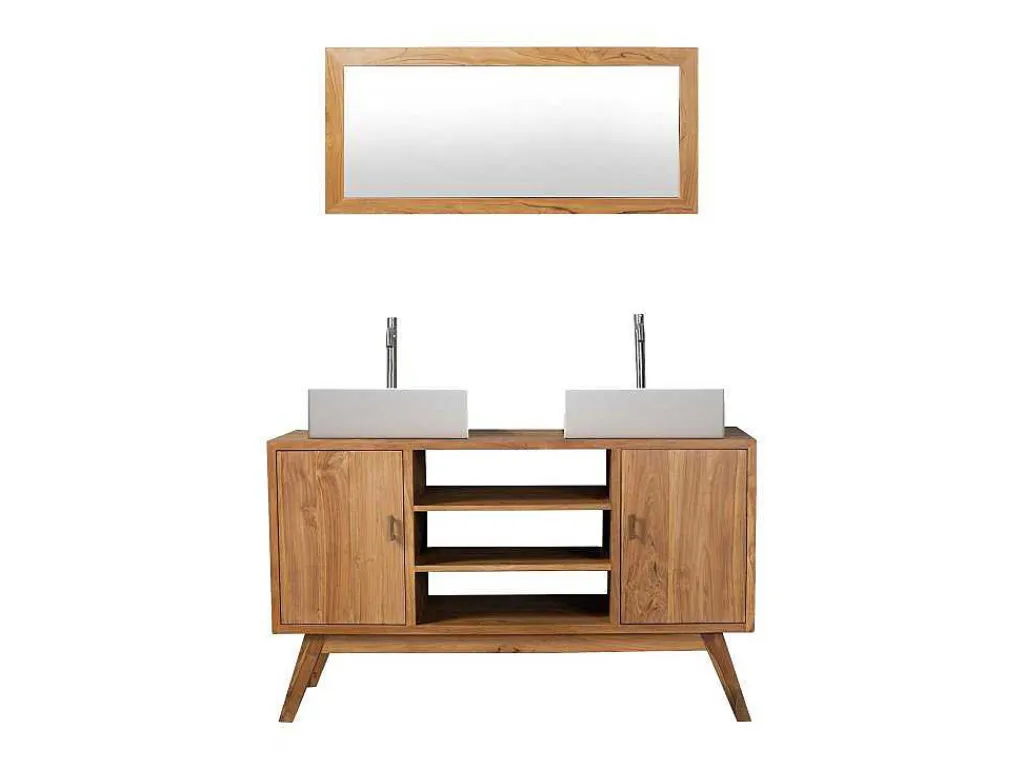 Badkamermeubel In Teakhout Met Dubbele Wastafel En Spiegel - 135 Cm - Gianyar-Vente-unique Discount