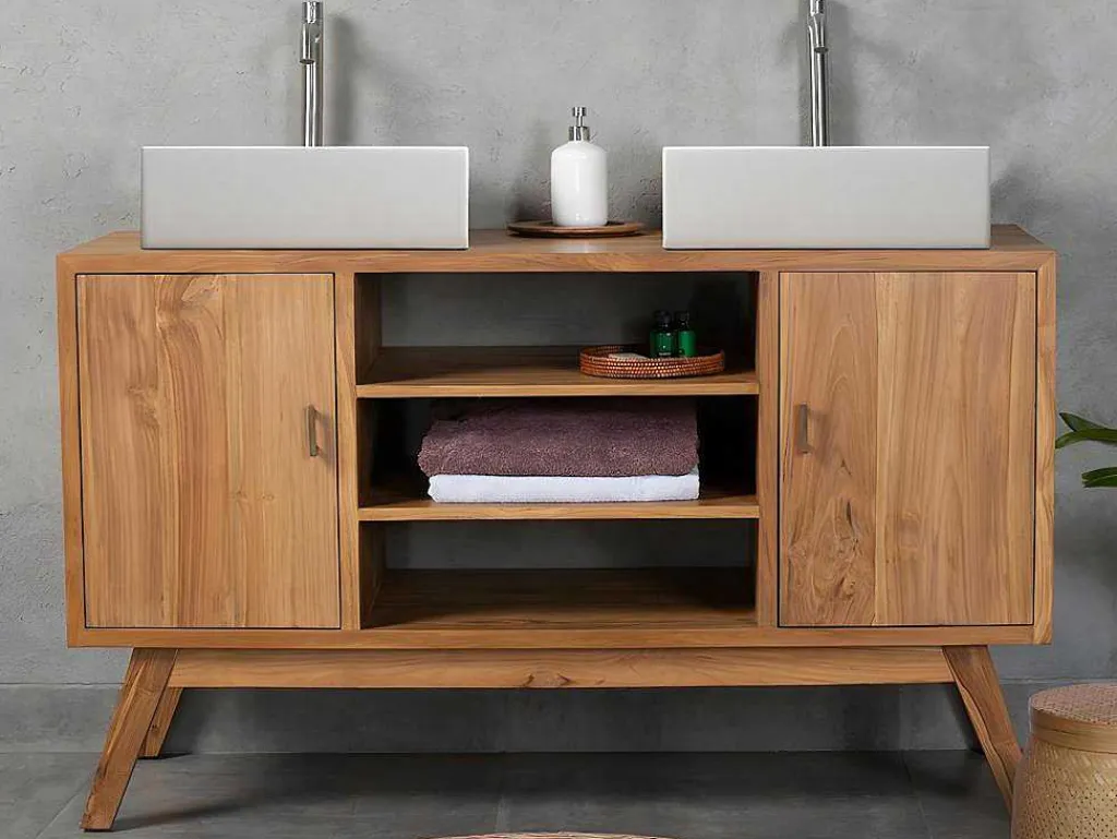 Badkamermeubel In Teakhout Met Dubbele Wastafel - 135 Cm - Gianyar-Vente-unique Online