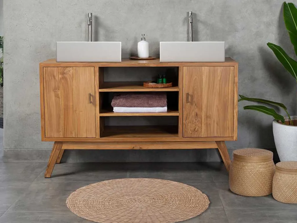 Badkamermeubel In Teakhout Met Dubbele Wastafel - 135 Cm - Gianyar-Vente-unique Online