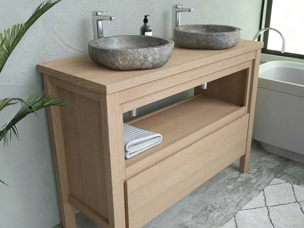 Badkamermeubel Met Opzetwastafel Van Steen - Eikenfineer - 120 Cm - Cosmoti-Vente-unique Hot