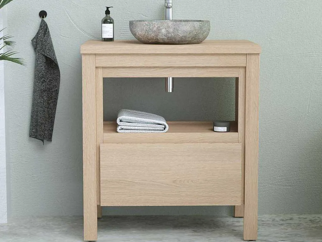 Badkamermeubel Met Wastafel Van Steen - Eiken Fineer - 80 Cm - Cosmoti-Vente-unique New