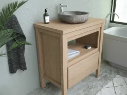 Badkamermeubel Met Wastafel Van Steen - Eiken Fineer - 80 Cm - Cosmoti-Vente-unique New