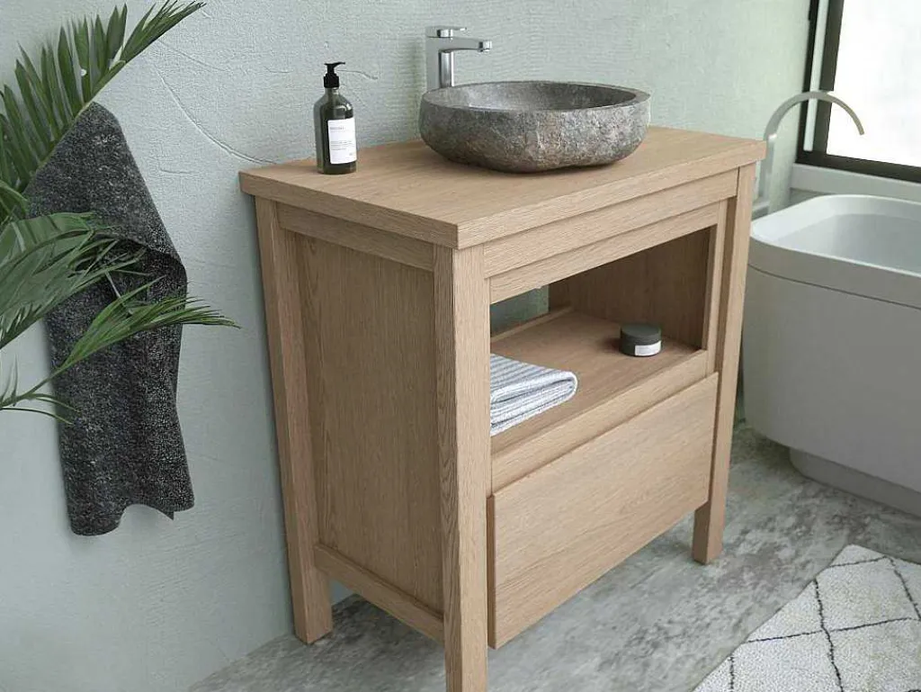 Badkamermeubel Met Wastafel Van Steen - Eiken Fineer - 80 Cm - Cosmoti-Vente-unique New
