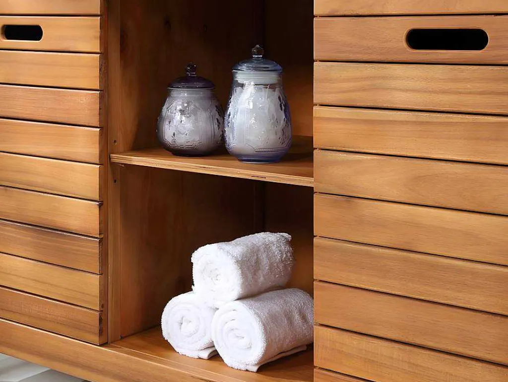 Badkamermeubel Van Acaciahout Met Dubbele Wastafel En Spiegels - 130 Cm - Pulukan-Vente-unique Discount