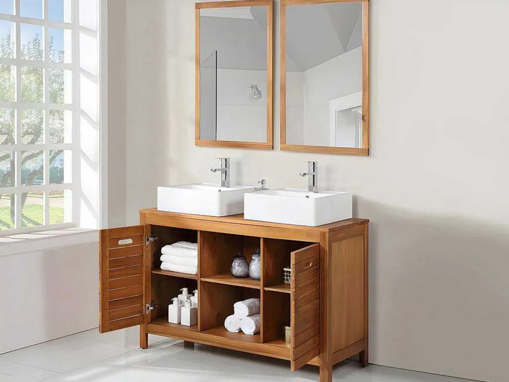 Badkamermeubel Van Acaciahout Met Dubbele Wastafel En Spiegels - 130 Cm - Pulukan-Vente-unique Discount
