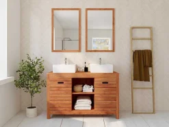 Badkamermeubel Van Acaciahout Met Dubbele Wastafel En Spiegels - 130 Cm - Pulukan-Vente-unique Discount