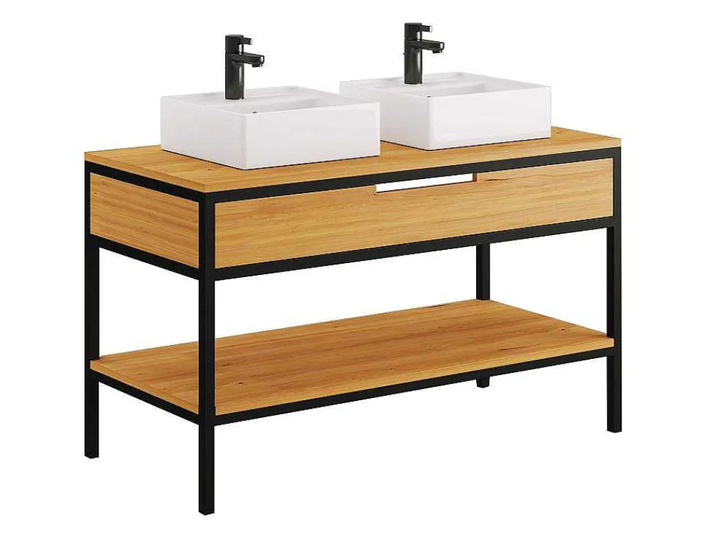 Badkamermeubel Van Licht Teakhout En Metaal Met Dubbele Wastafel - 120 Cm - Tukad-Vente-unique Best