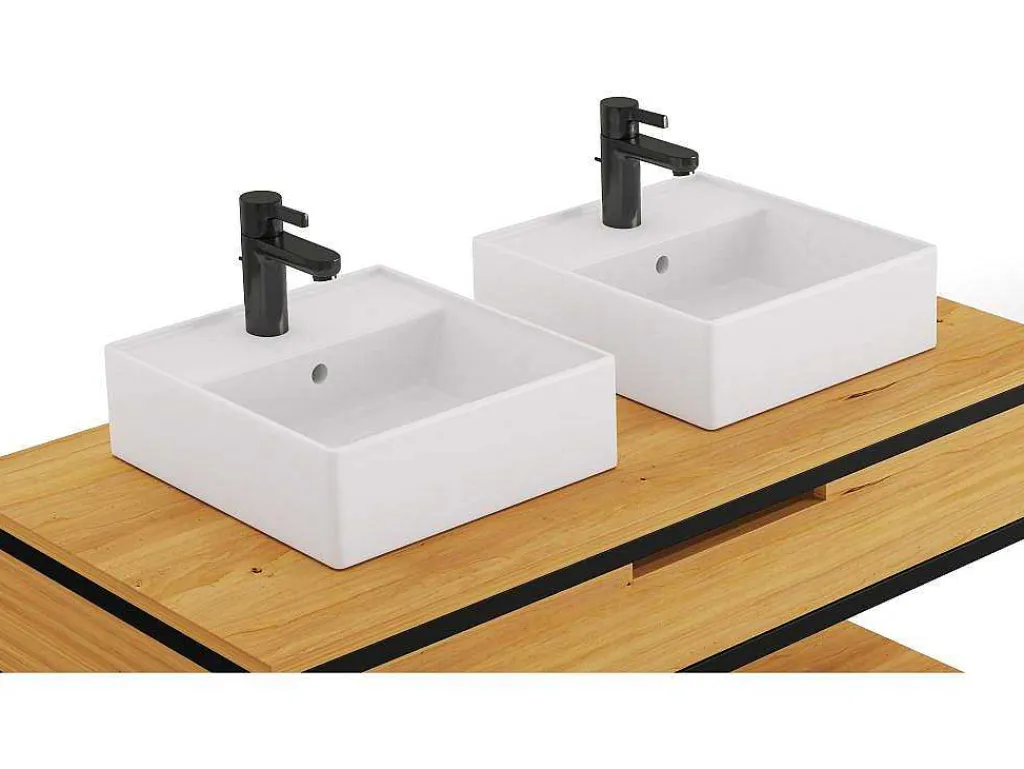Badkamermeubel Van Licht Teakhout En Metaal Met Dubbele Wastafel - 120 Cm - Tukad-Vente-unique Best