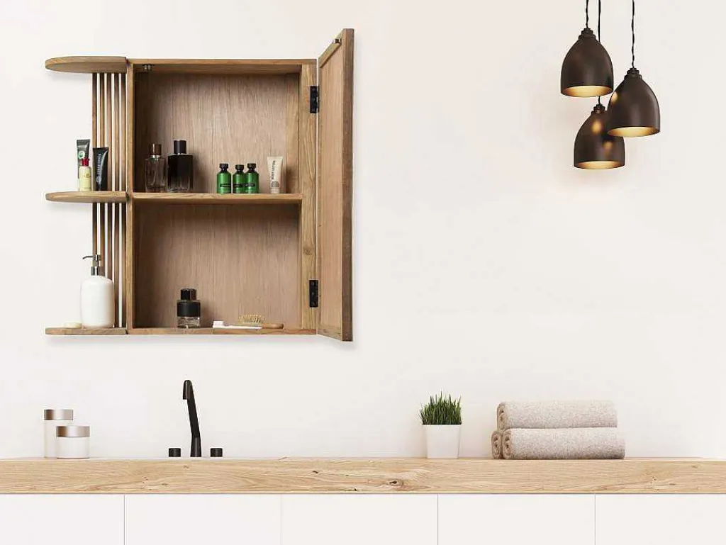 Badkamerwandkast Van Teak Met Spiegel En Nissen - Naturel - Cimahi-OZAIA Best