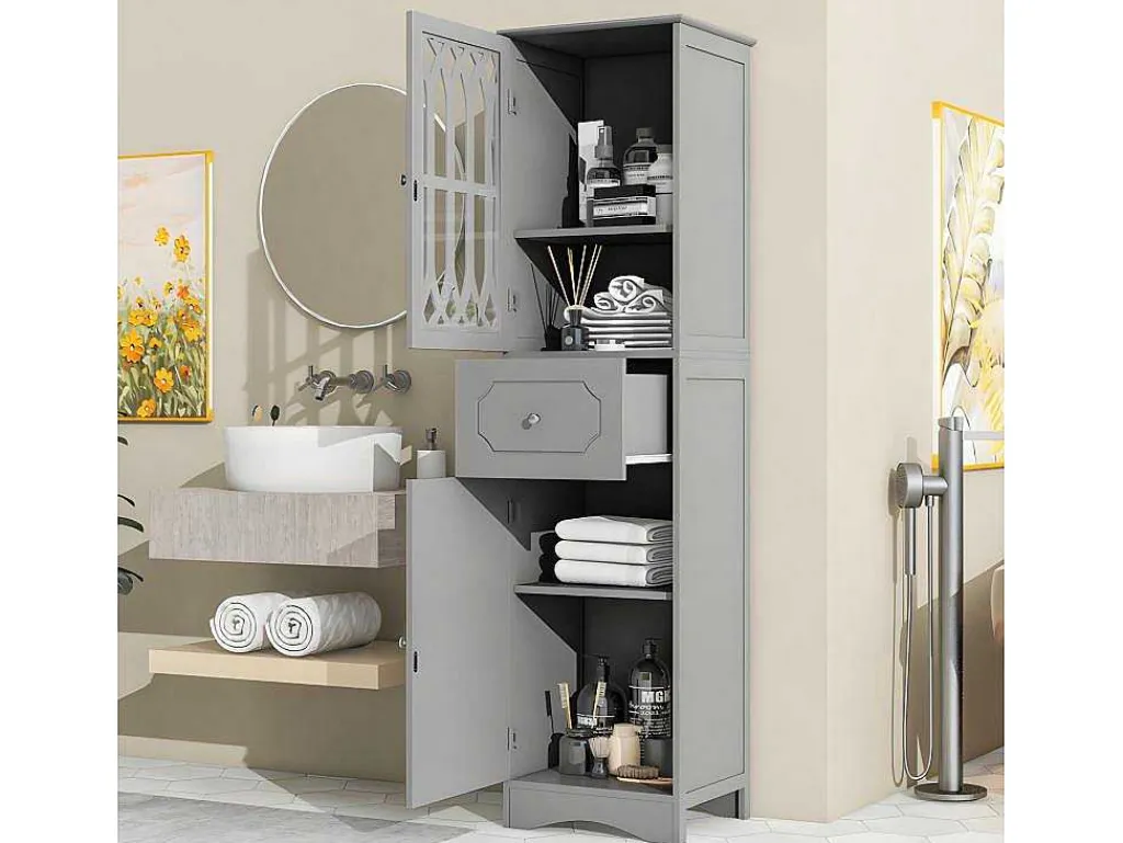 Badkamerzuil - 1 Lade En 2 Deuren - Verstelbare Planken - Grijs-ModernLuxe Clearance