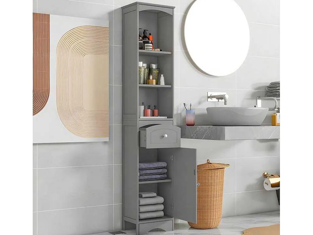 Badkamerzuil - H 170 Cm - Met 1 Lade En Verstelbare Planken - Grijs-ModernLuxe Clearance