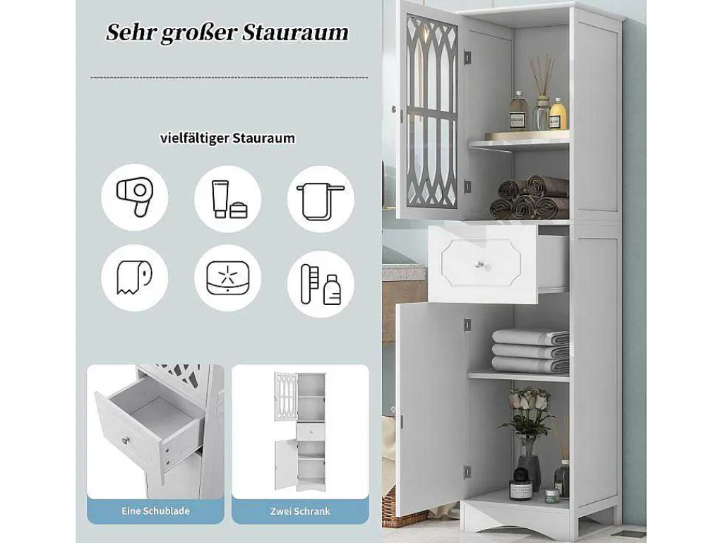 Badkamerzuil Met 2 Deuren En 1 Lade - Verstelbare Planken - Wit - 42 X 36 X 162,5 Cm-Vente-unique Discount