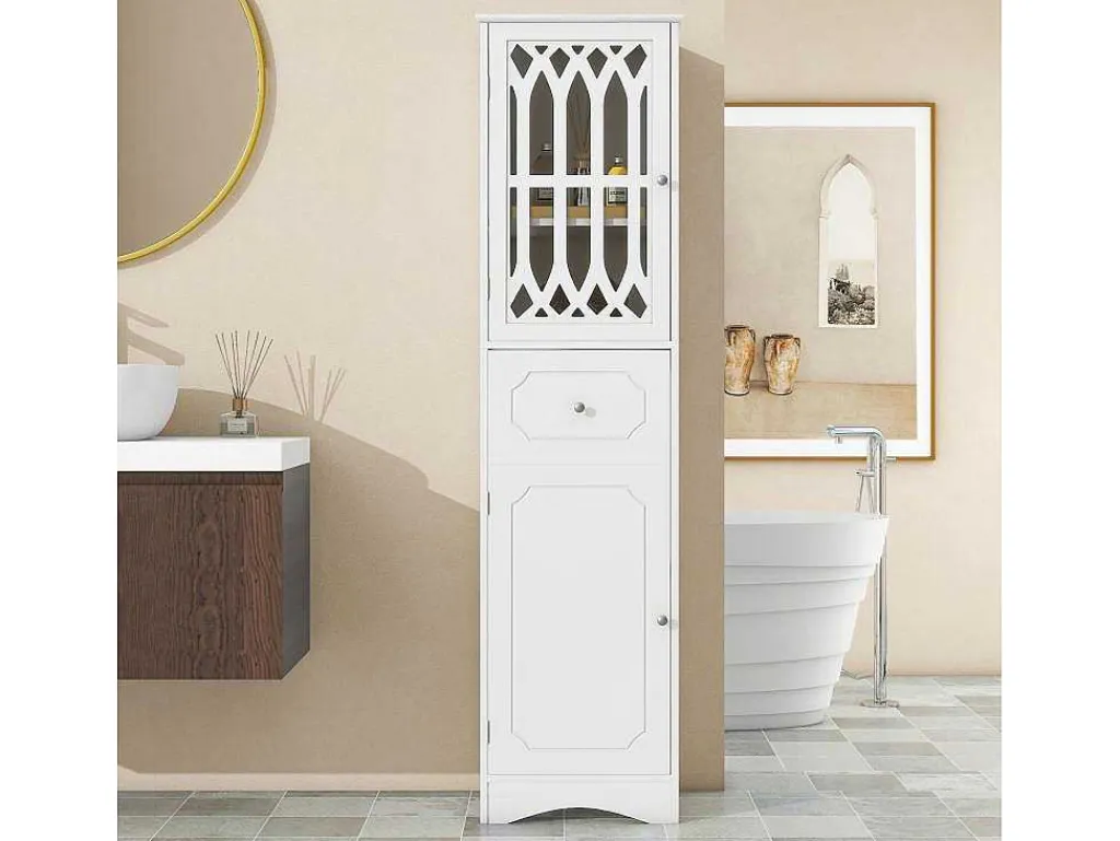 Badkamerzuil Met 2 Deuren En 1 Lade - Verstelbare Planken - Wit - 42 X 36 X 162,5 Cm-Vente-unique Discount