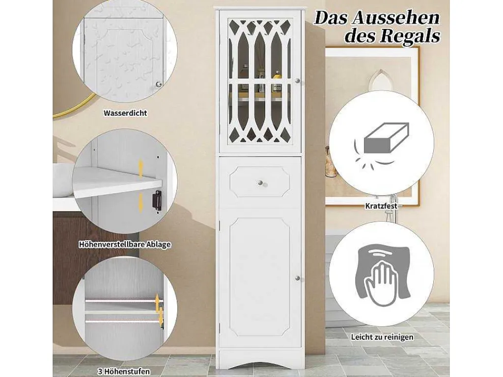 Badkamerzuil Met 2 Deuren En 1 Lade - Verstelbare Planken - Wit - 42 X 36 X 162,5 Cm-Vente-unique Discount