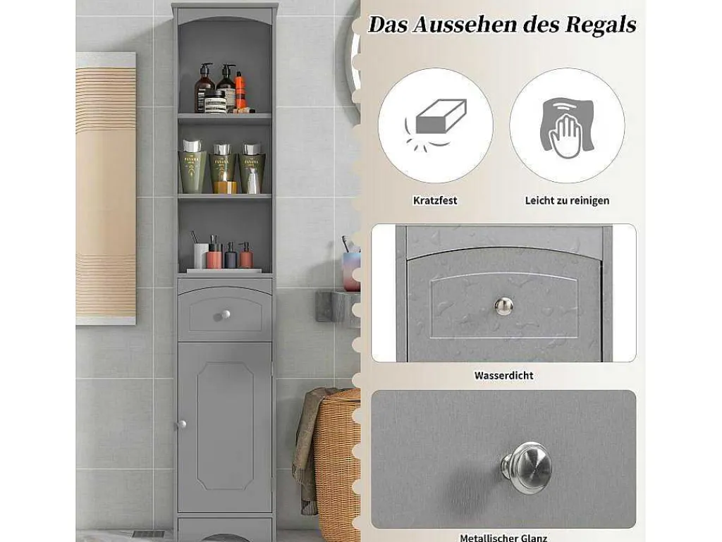 Badkamerzuil Met 1 Lade En 5 Verstelbare Planken - Grijs - 34 X 24 X 170 Cm-Vente-unique