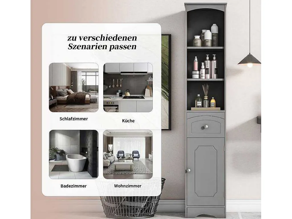 Badkamerzuil Met 1 Lade En 5 Verstelbare Planken - Grijs - 34 X 24 X 170 Cm-Vente-unique