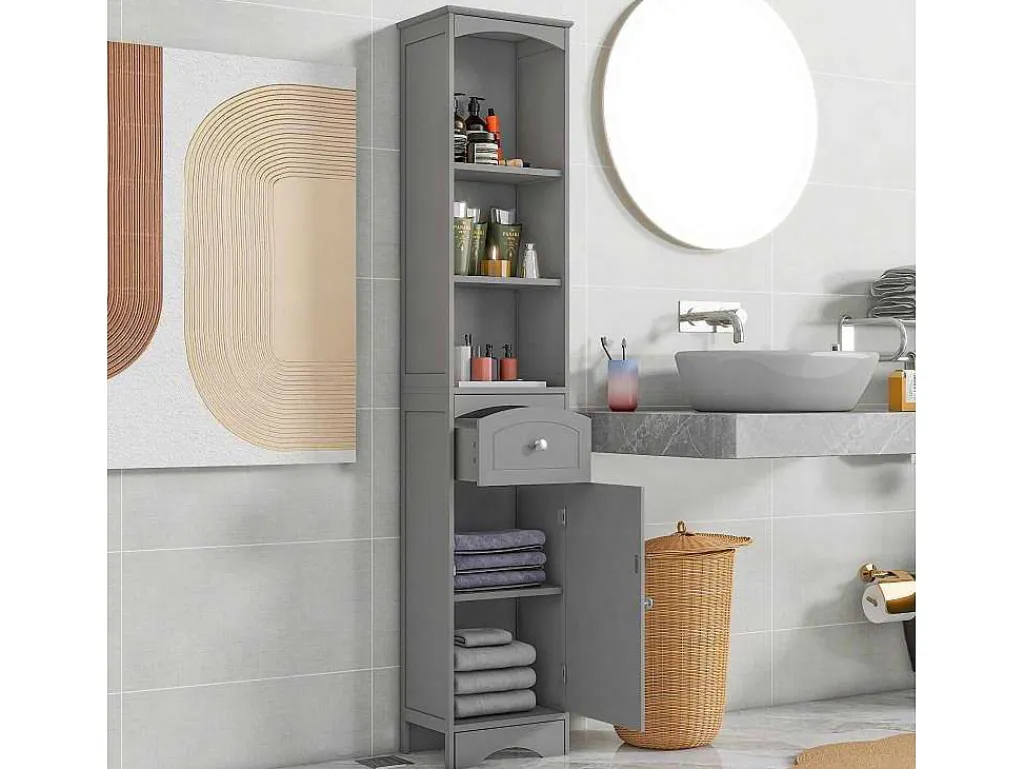 Badkamerzuil Met 1 Lade En 5 Verstelbare Planken - Grijs - 34 X 24 X 170 Cm-Vente-unique