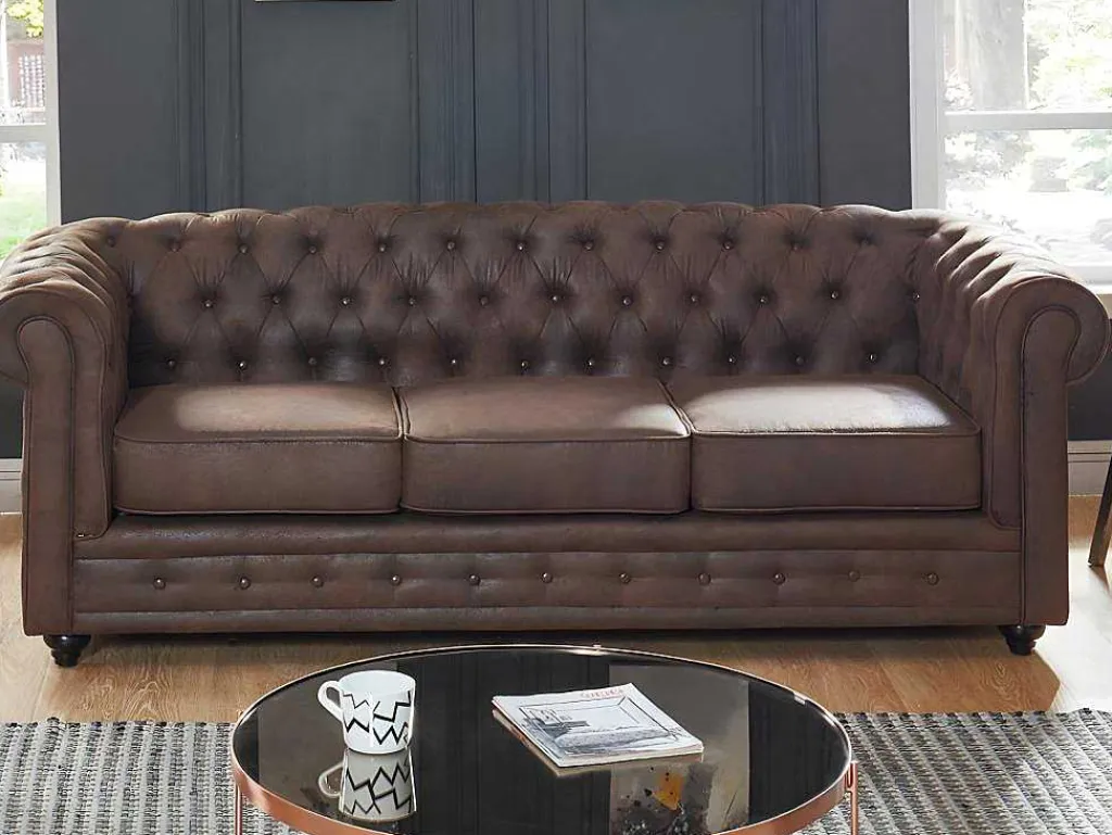 Bankstel En Fauteuil Chesterfield Van Microvezel Met Vintage Look-Vente-unique Sale