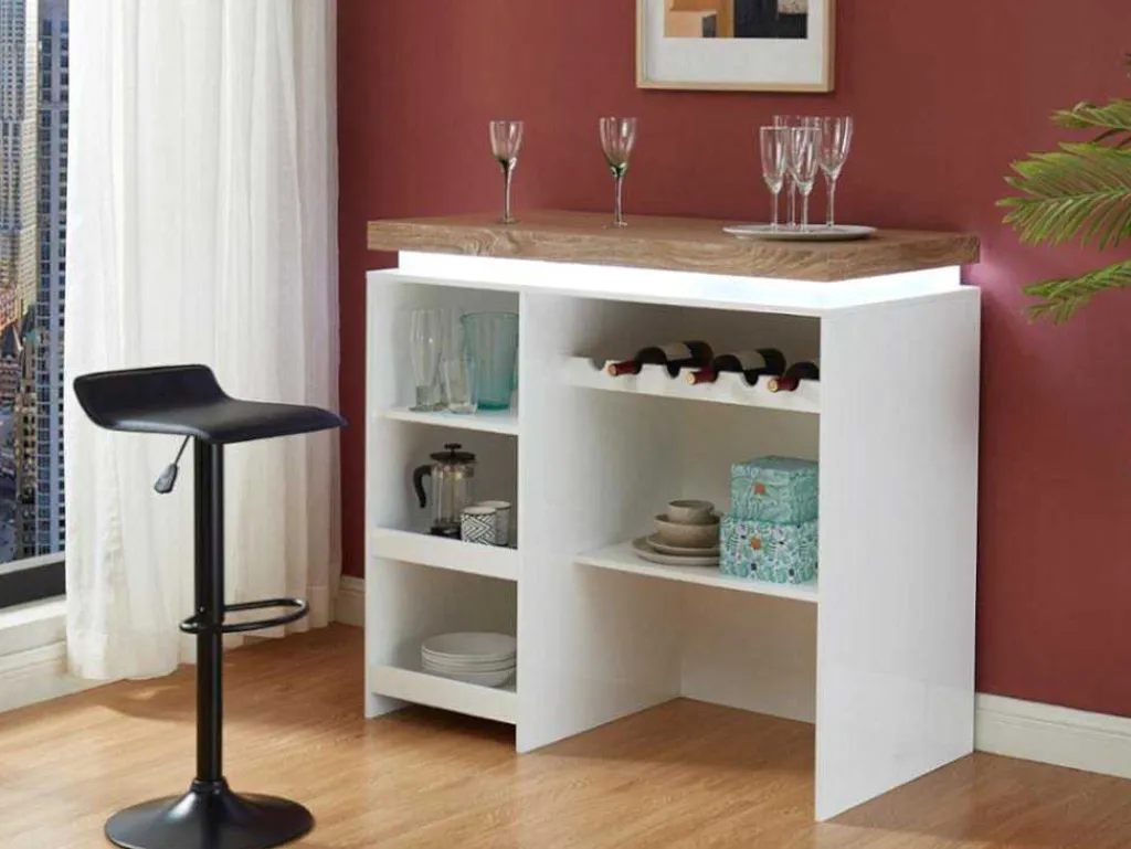 Barmeubel Halo Ii - Wit Gelakt Mdf - Leds - Wit En Eik-Vente-unique New