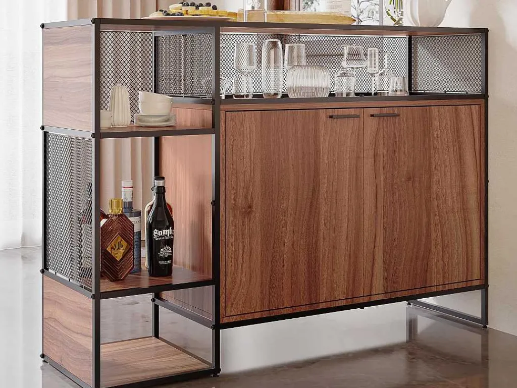 Barmeubel, Laag Dressoir - 2 Deuren En 4 Nissen - Mdf - Industriele Stijl - Kleuren: Bruin En Zwart-Vente-unique New