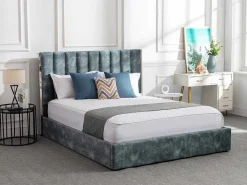 Bed 140 X 190 Cm Met Hoofdbord Met Verticale Stiksels - Velours - Groenblauw - Feroya-Vente-unique