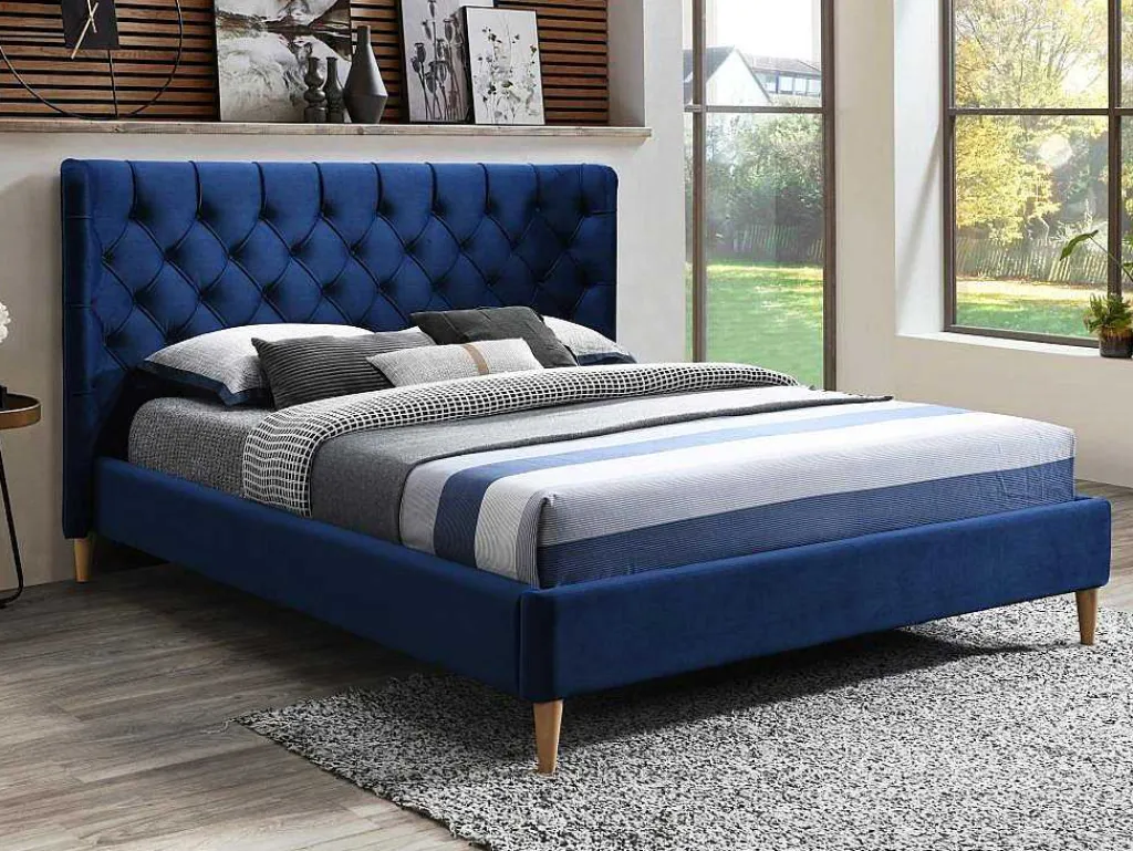 Bed 140 X 190 Cm Met Hoofdbord Met Capitonnage - Velours - Koningsblauw - Enodi-Vente-unique Online