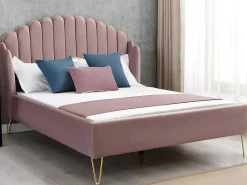 Bed 140 X 190 Cm Met Hoofdbord Met Golfpatroon - Velours - Oudroze + Matras - Sagali-Vente-unique Discount