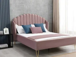 Bed 140 X 190 Cm Met Hoofdbord Met Golfpatroon - Velours - Oudroze + Matras - Sagali-Vente-unique Discount