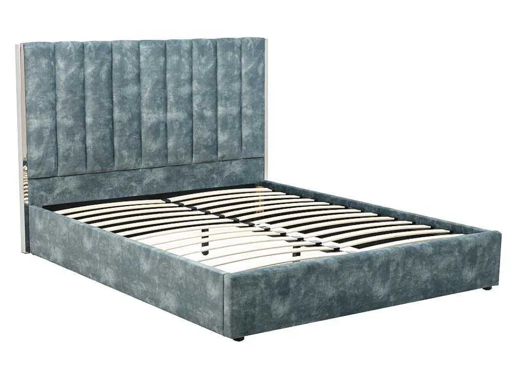 Bed 140 X 190 Cm Met Hoofdbord Met Verticale Stiksels - Velours - Groenblauw + Matras - Feroya-Vente-unique Clearance