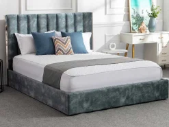 Bed 140 X 190 Cm Met Hoofdbord Met Verticale Stiksels - Velours - Groenblauw + Matras - Feroya-Vente-unique Clearance