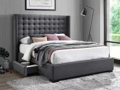 Bed Gewatteerd Hoofdbord - Met Laden - 160 X 200 Cm - Stof Grijs - Leonce-Vente-unique Clearance