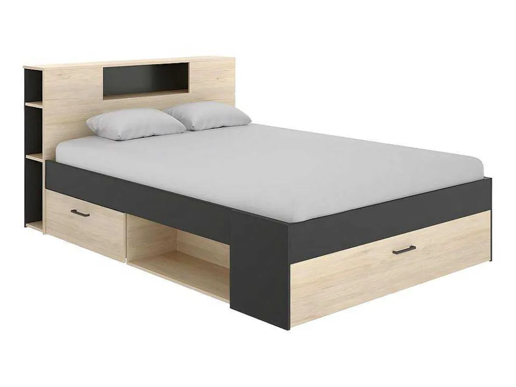 Bed Leandre Met Hoofdeinde, Opbergruimte En Lades - 160 X 200 Cm - Kleur: Eiken En Antraciet-Vente-unique Clearance