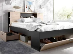 Bed Leandre Met Hoofdeinde, Opbergruimte En Lades - 160 X 200 Cm - Kleur: Eiken En Antraciet-Vente-unique Clearance