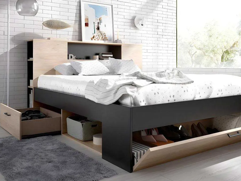 Bed Leandre Met Hoofdeinde, Opbergruimte En Lades - 160 X 200 Cm - Kleur: Eiken En Antraciet-Vente-unique Clearance